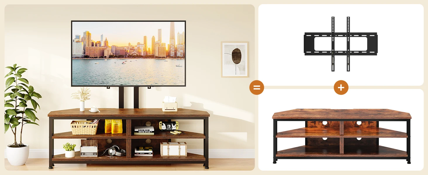 TV stand with integrated mount. Three-tier wooden shelves, metal frame. Displays TV above, cityscape on screen. Side image shows stand alone and wall mount bracket.