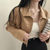 ChicAutumn Korean Style Vintage Simple Solid Color Slimming Versatile Zippered Lapel Chamois Leather Short Jacket