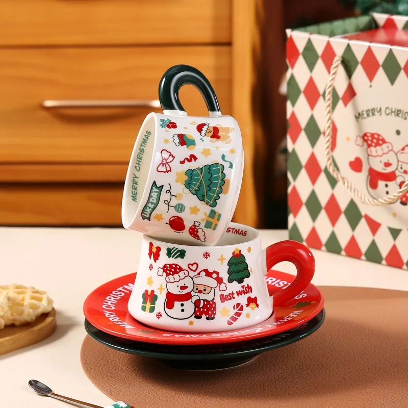 New Christmas Ceramic Coffee Cup and Dish Set, Household Ceramic Water Cup, Makeup Cup, Gift Box, Christmas Gift lijiao