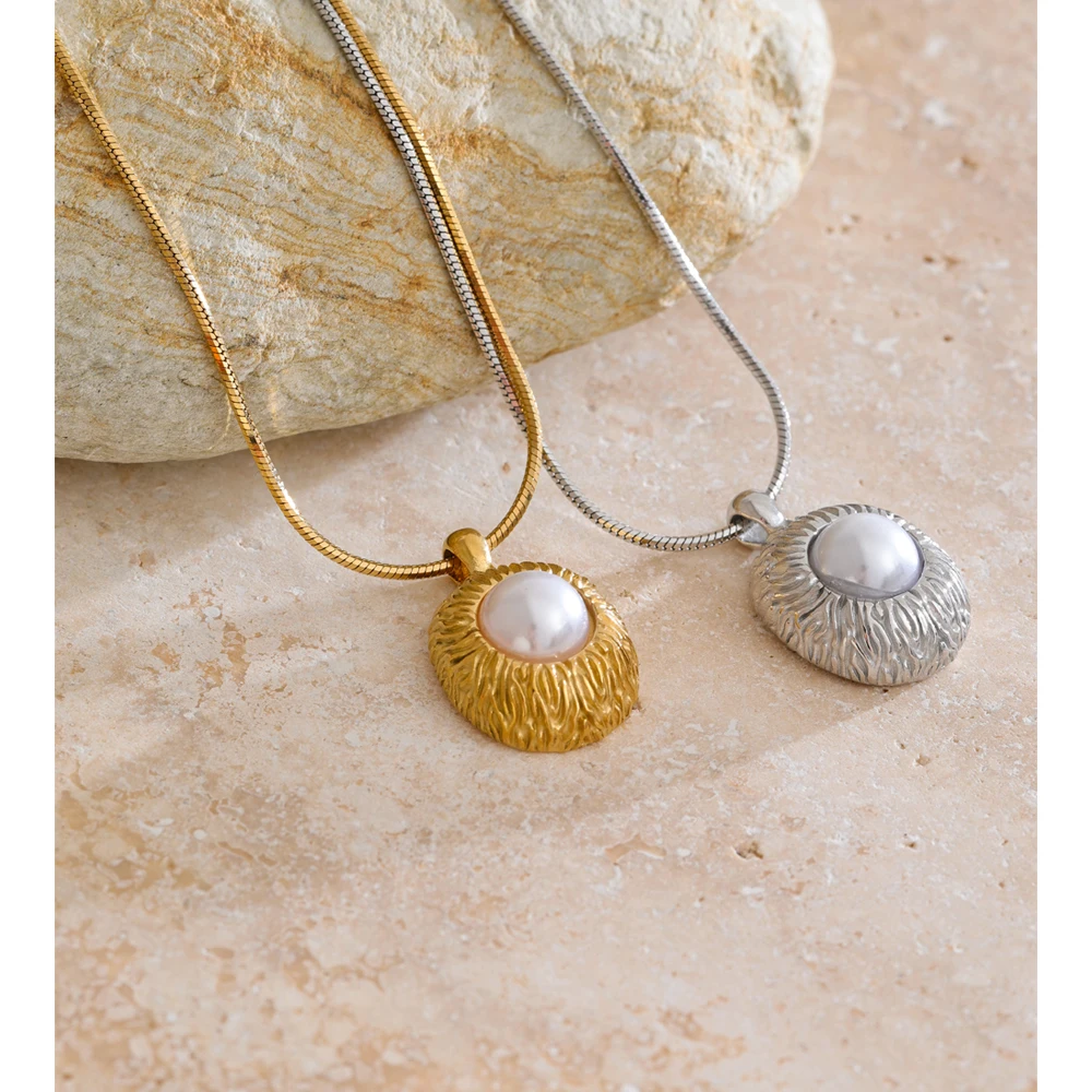Yhpup Simulated Pearls Round Pendant Necklace Stainless Steel