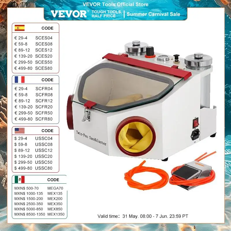 VEVOR zubní laboratoře sandblaster aparatura 2 pen+2 tanků s LED lehký velký výhled okno a noha pedál ovládání pro odstranění oxides