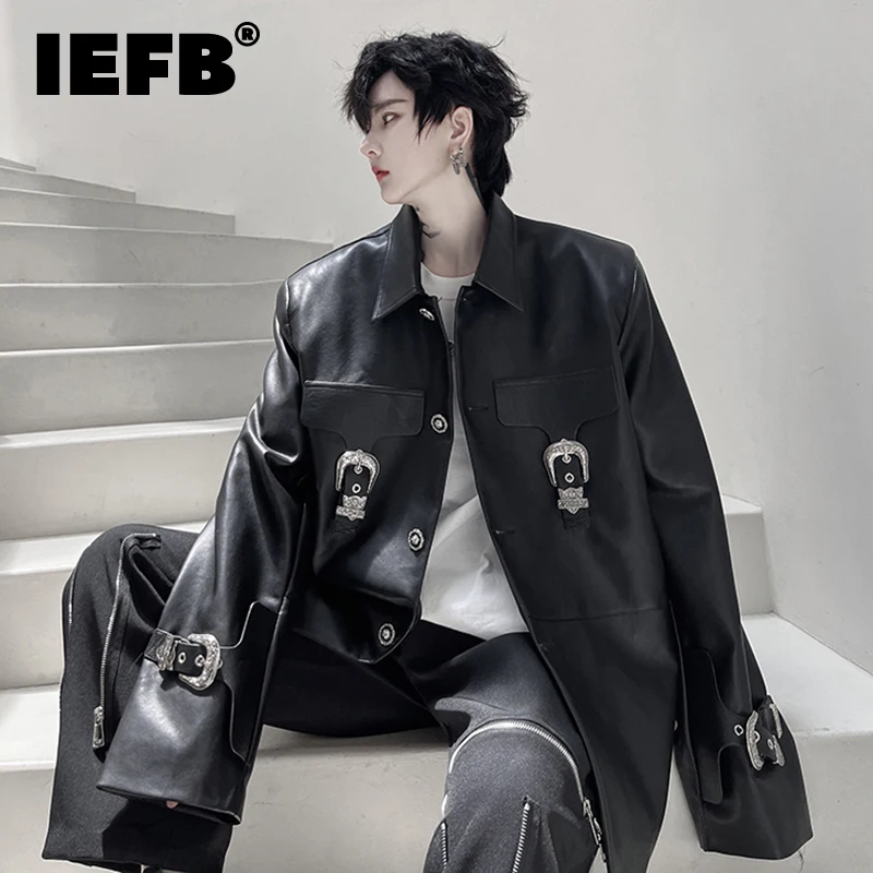 

IEFB Men's Trend Pu Leather Jackets Shoulder Pad Loose Cardigan Metal Decorative Niche Design Casual Male Coat 2023 New 9C1805