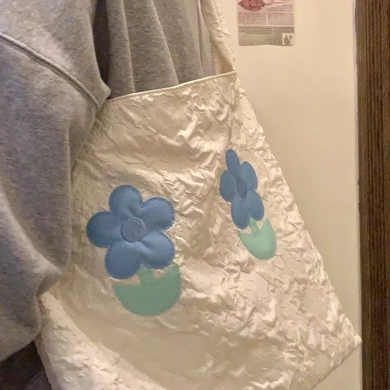 Xiuya Designer Aesthetic Womens Shoulder Bag Literary Lightweight Korean Style Fashion Tote Bag Cute Sweet Flower Female Handbag