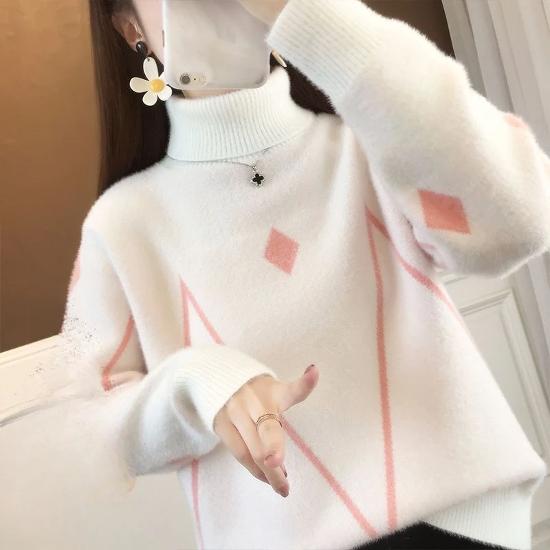 

High Neck Imitation Mink Velvet Soft and Warm Plush Thickened Winter Knitted Women's Sweater Pullover B511