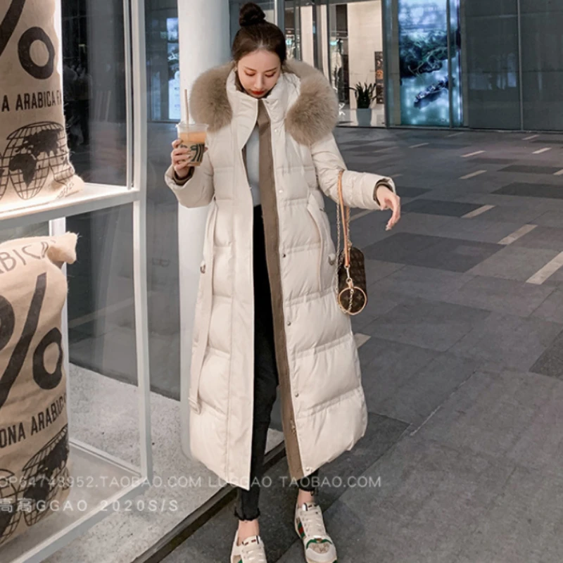 

Long Luxury Womens Winter Down Jacket 2023 New Korean Fashion Slim Hooded Large Fur Collar Warm Black Beige Down Coats with Belt