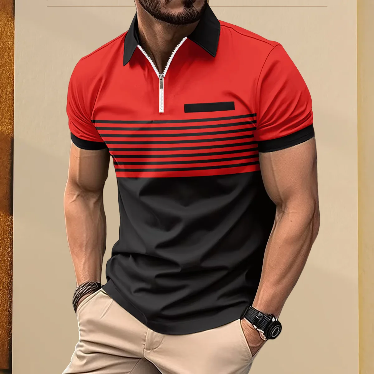 2025 Men's Summer short-sleeved POLO Shirt With Zipper Striped Print, False Pocket Decoration, Casual Business Lapel 9 Sd7783d8f22b2436e84e0e8f8b9efad8dd