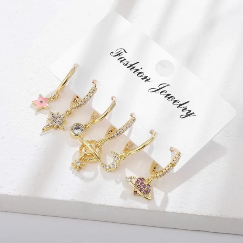 6Pcs/set Geometric Star Moon Rhinestones Hoop Earrings Sets for Women Colorful Zircon Earrings Fashion Jewelry Gift