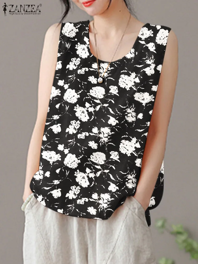 

Bohemian Holiday Blouse ZANZEA Summer Floral Camis Women Vintage Printed Shirt O Neck Sleeveless Tanks Tops Loose Party Blusas