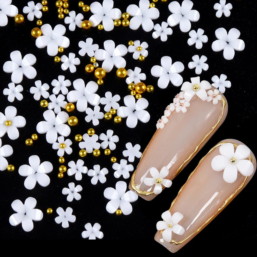 5g White Acrylic Flower Nail Art Decoration Mixed Size Rhinestones Gold
