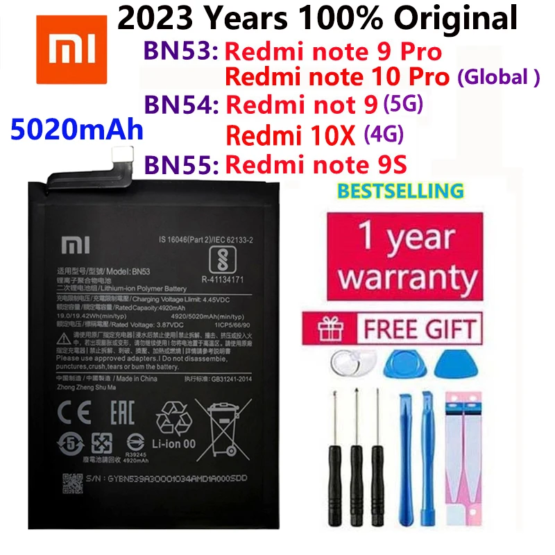 

2023 Years 100% Original Xiao Mi BN53 BN54 BN55 Phone Battery For Xiaomi Redmi note 9 10 Pro 9S 10X 4G 5G Replacement Batteries