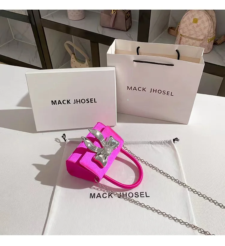 Luxury Satin Square Bag Women Elegant Handbag Glitter Diamonds Metal Bow Evening Bag Wedding Party Clutch Purse Crossbody Bag