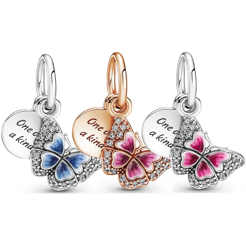 

Authentic 925 Sterling Silver Butterfly & Quote Double Pendant Bead Charm With Blue& Pink Enamel Fit Fashion Bracelet Jewelry