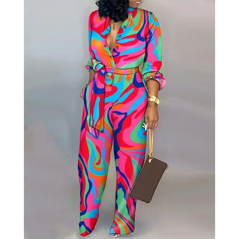 Rompers Casual V Neck Long Sleeve Letter Print Jumpsuit Woman Summer Long Wide Leg Lace Up Jumpsuits For Women 2023 One Piece