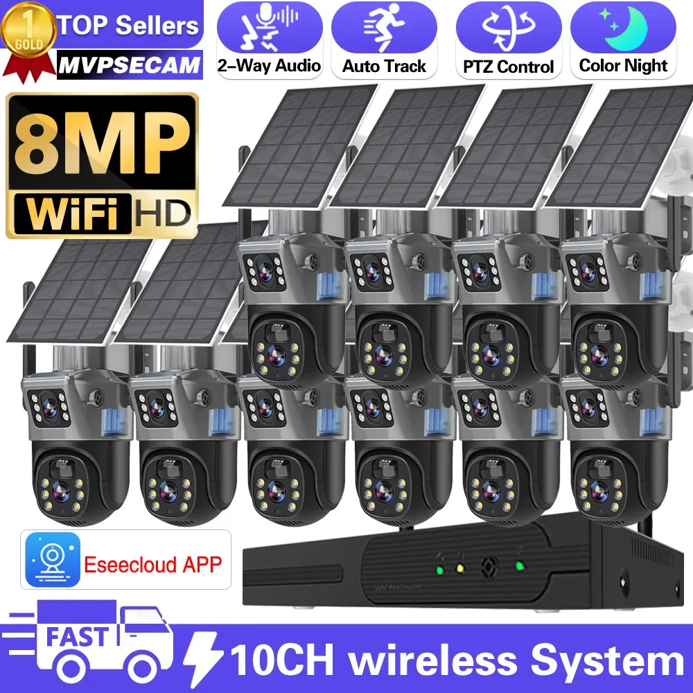 4K 8Mp Wifi Dual Lens Ptz Solar Batterycamera Videosorveglianza 10Ch 5Mp Wireless Nvr Outdoor Auto Tracking Security Cam System