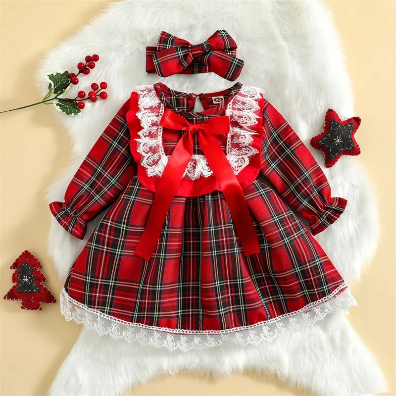 SUNSIOM Toddler Girls Christmas Dress Plaid Lace Trim Round Neck Long