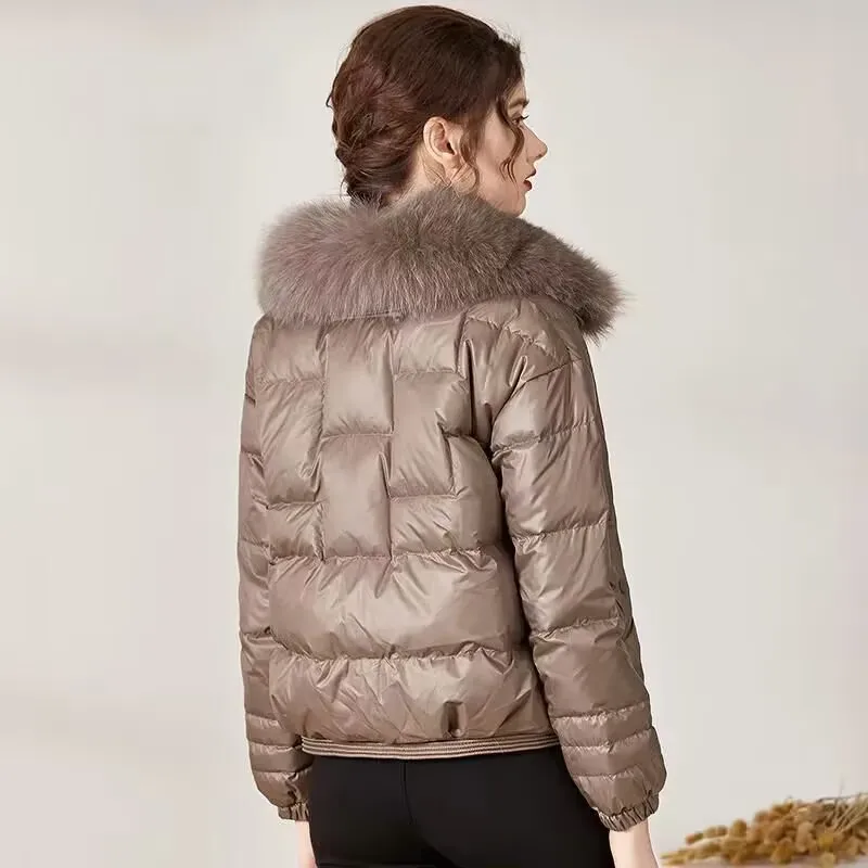 2023 Winter Women Faux Fox Fur Collar coat Short Warm Puffer Coat Female casual Loose Vintage Parkas 90%White Duck Down Jacket