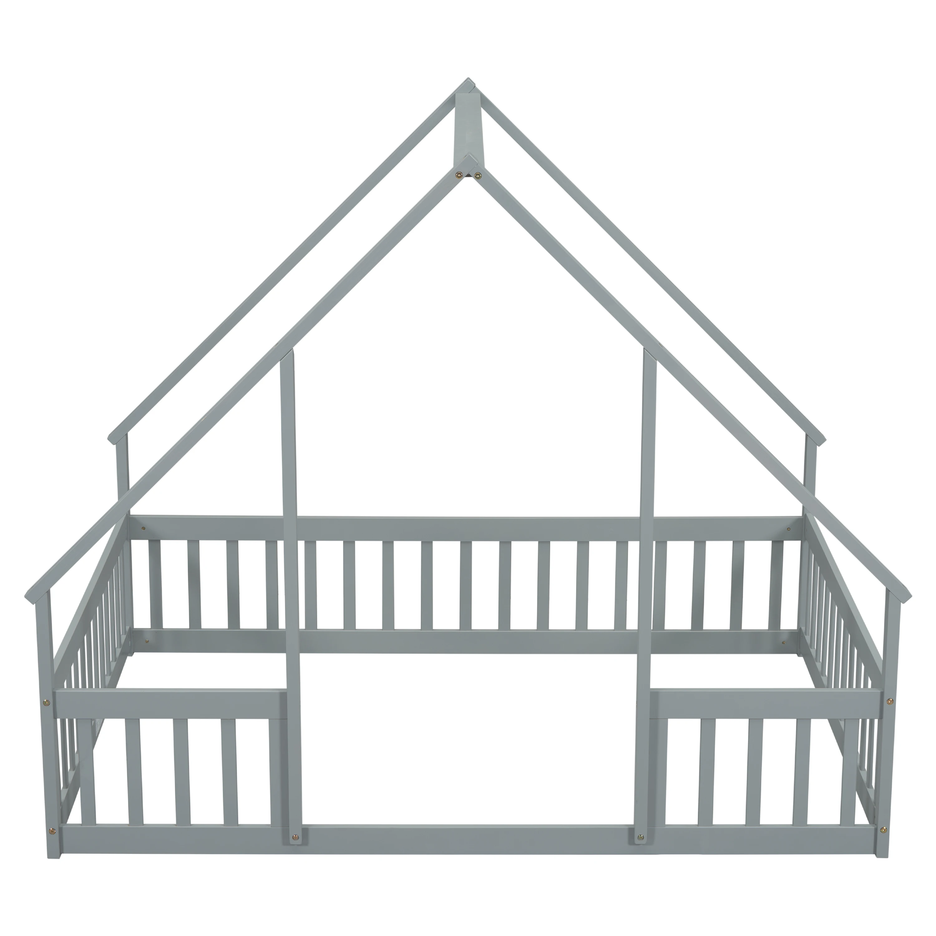 Twin Wood House-Shaped Floor Bed with Fence, Guardrails 2