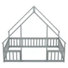 Twin Wood House-Shaped Floor Bed with Fence, Guardrails 2
