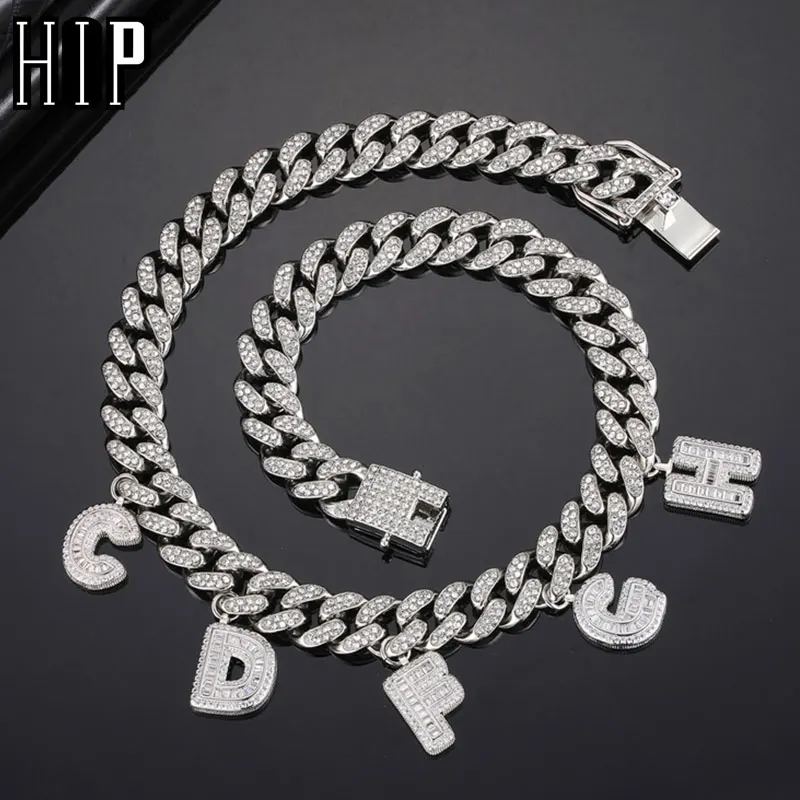 

Hip Hop A-Z Custom Baguette Letter With 13MM Full Iced Out Prong Cuban Chain Bling Rapper Necklace Bracelet For Men Jewelry Gift