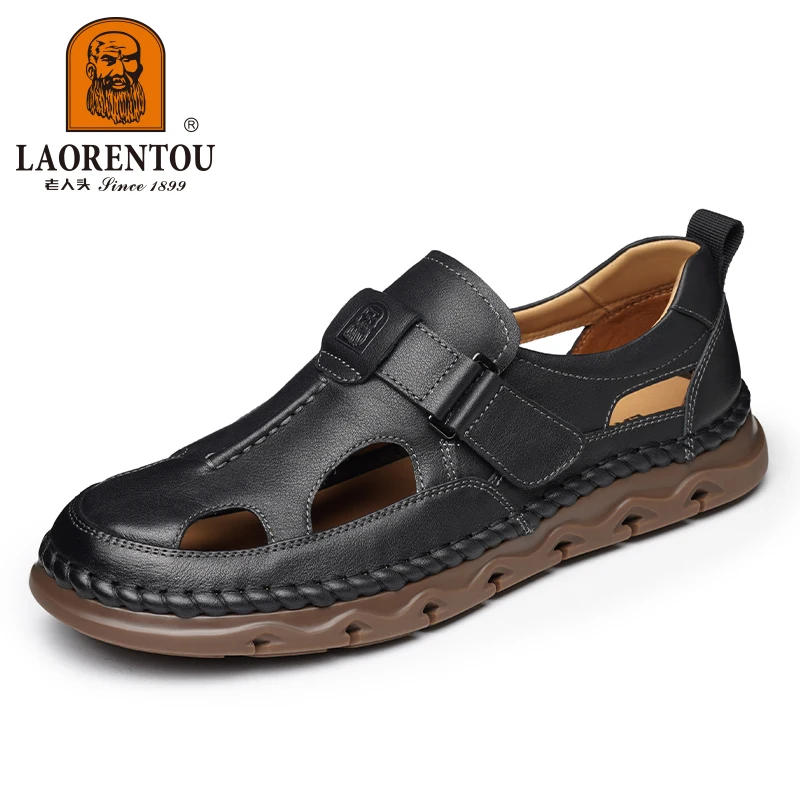 LAORENTOU summer Breathable Middle aged Baotou Hole Shoes Men's Genuine Leather Casual Anti slip Dad Leather Sandals 57513 6