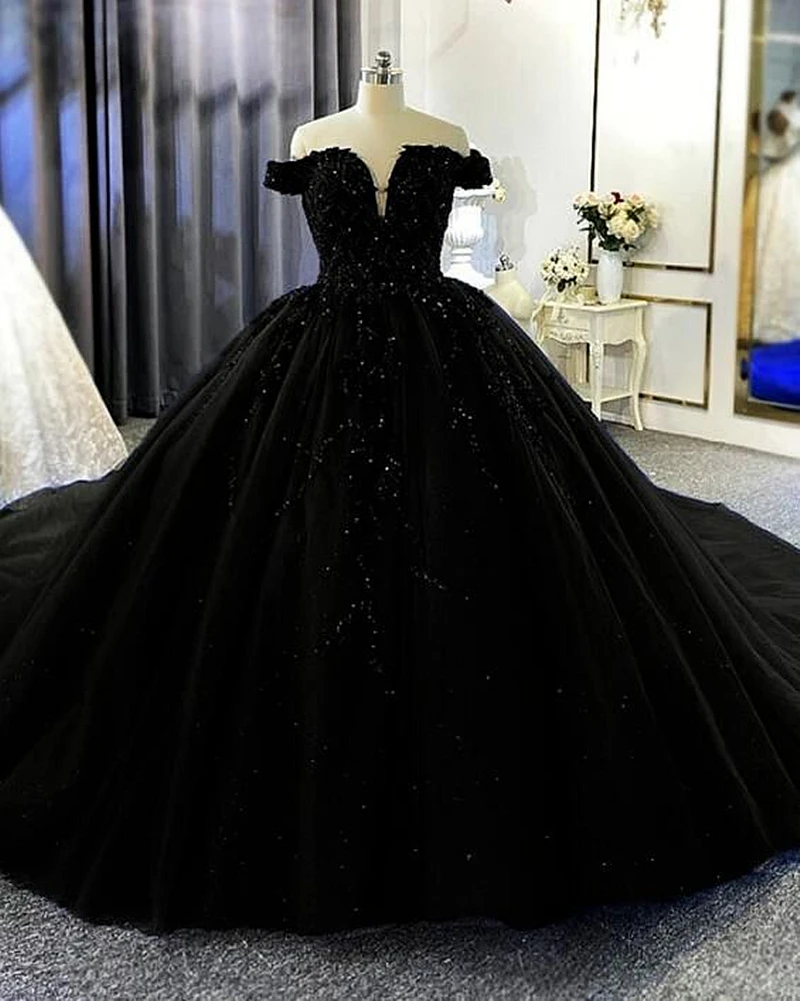 

Black Wedding Dresses Off The Shoulder Ball Gown Gothic Vestido De Novia Lace Sequins Beaded Long Tulle Robe de Mariée