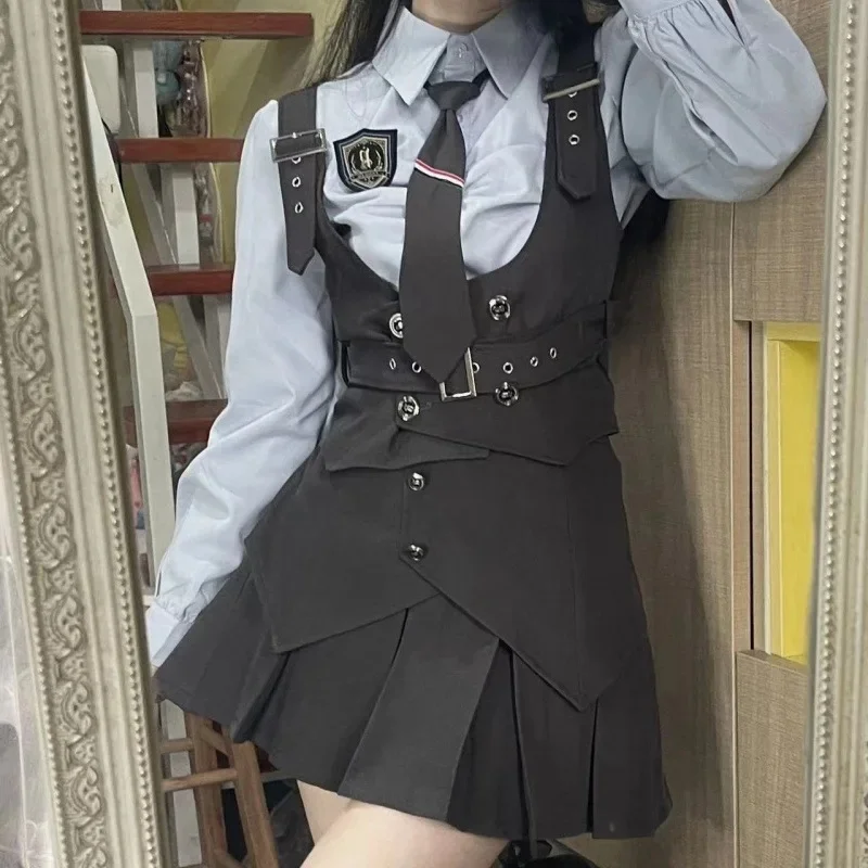 High Waist American Style Vest Skirt Set JK Uniform Long Sleeve Rabbit Police Officer Uniform High Waist Pleated Grey Skirt