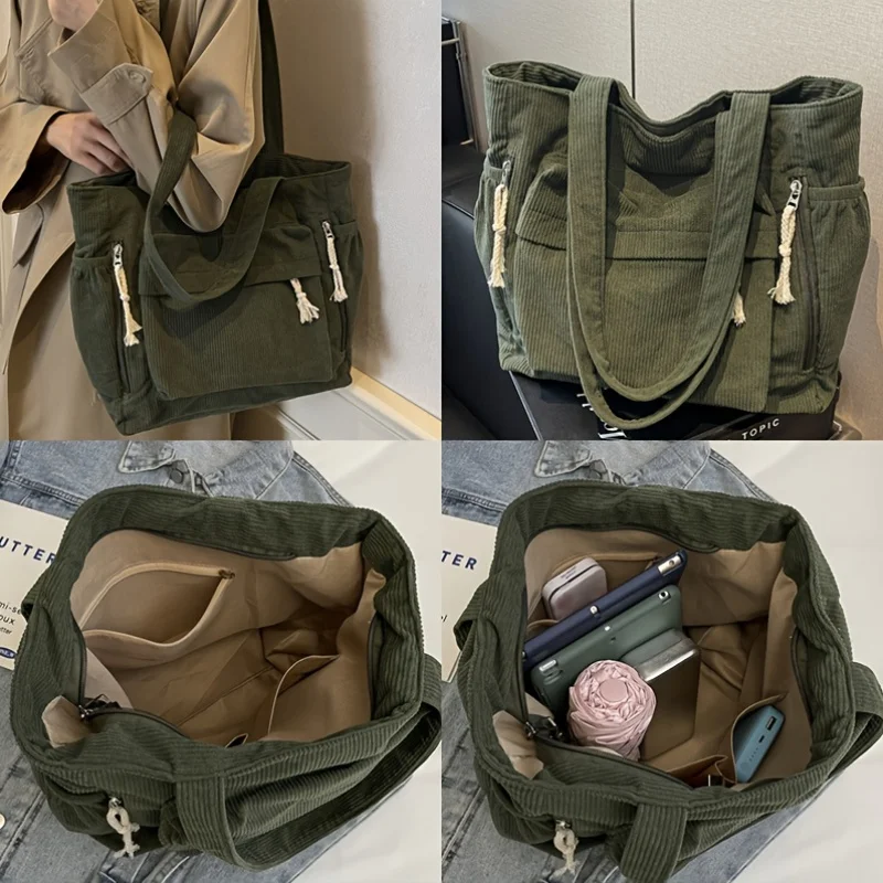 Women'S Large Capacity Corduroy Tote Bag  Heavy-Duty Multi-Compartment Handbag Shoulder Bag with Fixed Strap & Zipper Closure