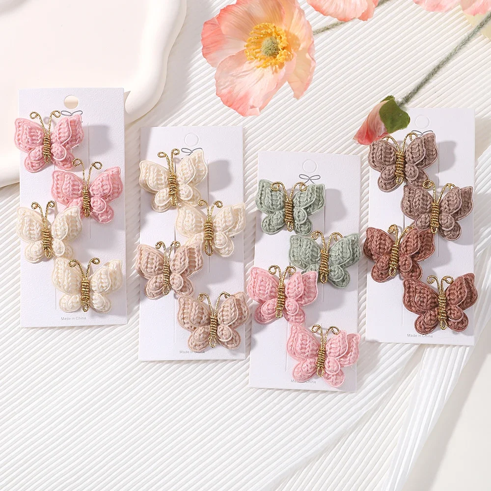 2/4pcs/set New Cute Baby Girls Wool Knitting Headwear Handmade Crochet Butterfly Alloy Hairs Clips Children Hairpins Wholesale