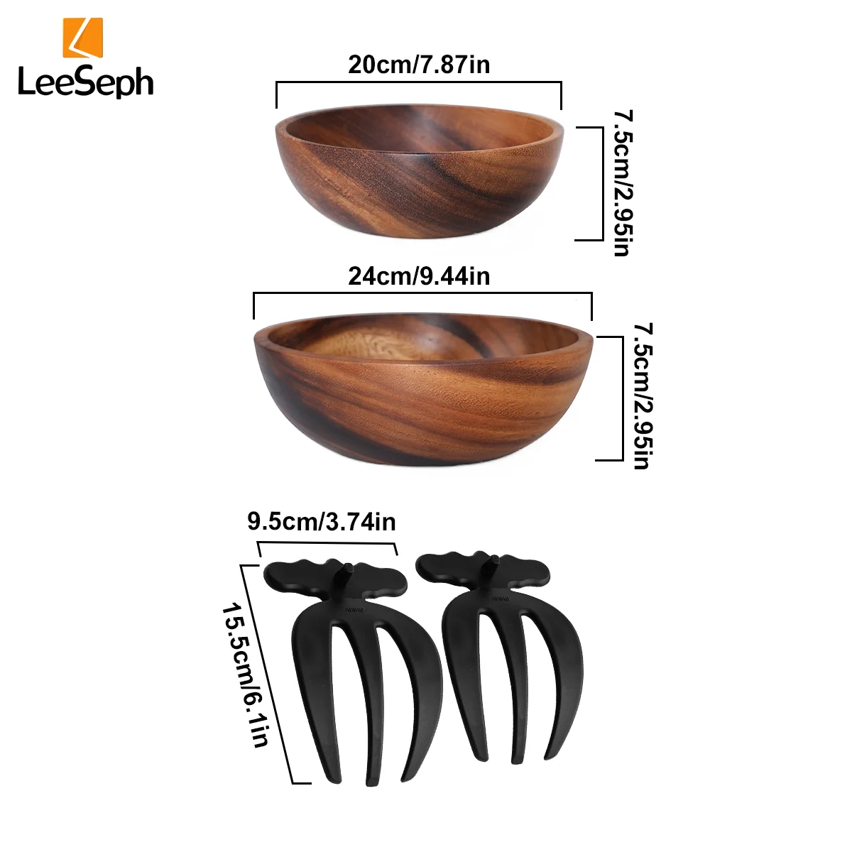 Acacia Wood Salad Bowl with 2 Salad Claws Set Serving Utensils Mixing Bowl for Fruits Salad Cereal Corn flake