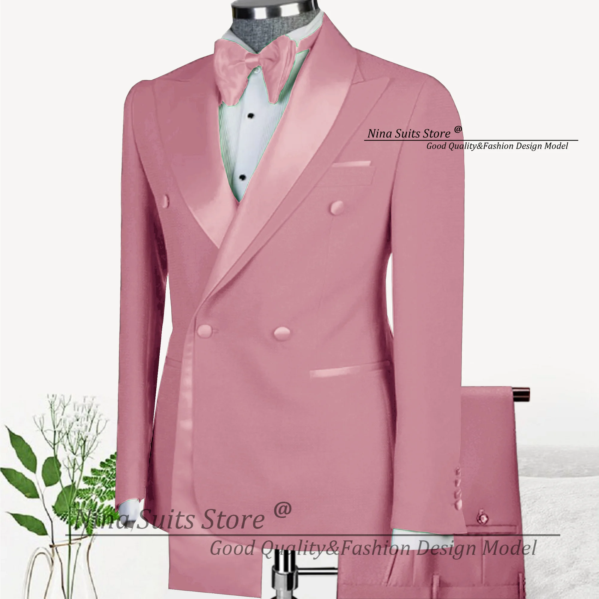 Nina Store New Suits 2-piece Men's Cocktail Party set Jacket with Satin Ribbon Pants Slim Fit Groom's Wedding Costume