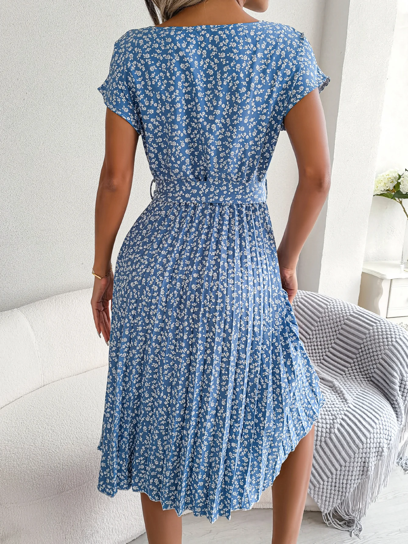 Blue Floral Print Short Sleeve Women Dress