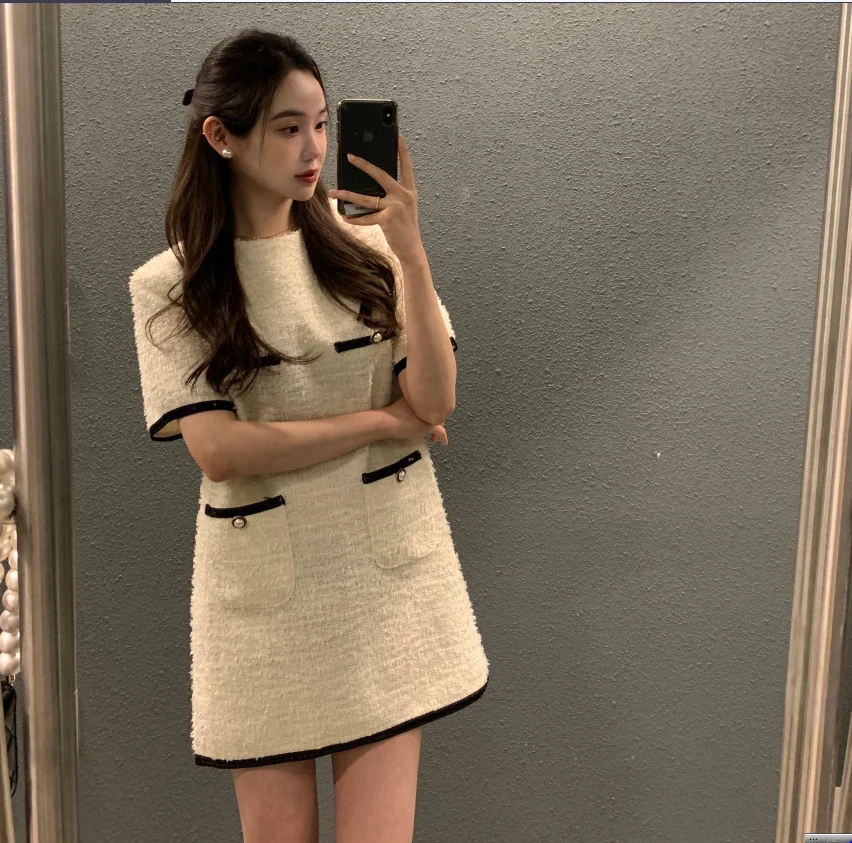 

Korean chic spring French style lady style round neck short sleeve tweed color contrast dress