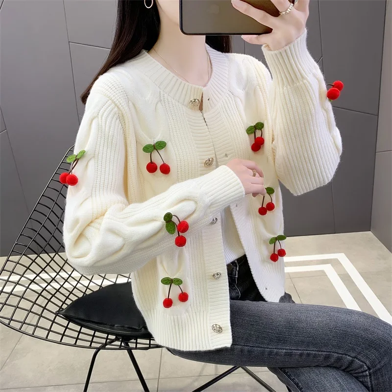 

Spring summer autumn new cherry crewneck twist sweater cardigan women's loose knitted shirt top coat