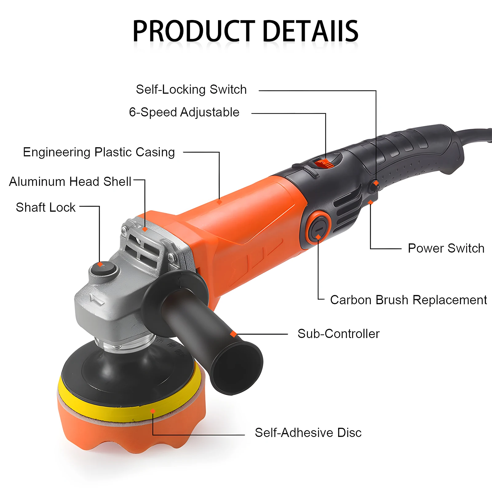 Podofo 1200W 8800RPM Autopolierer Elektrische Poliermaschine für Fahrzeuge und Möbel mit 14 Schwammrädern – Detail 6