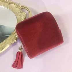Luxurious Velvet Jewelry Travel Pouch with Tassel Zipper Closure (Red)