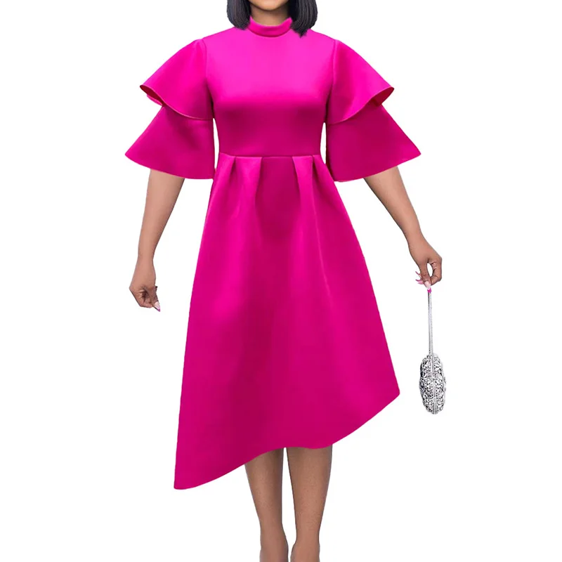 Women Plus Size Clothes Spring Office Lady Half Height Collar Double Layer Ruffle Short Sleeve Solid Zipper Mid Length Dresses