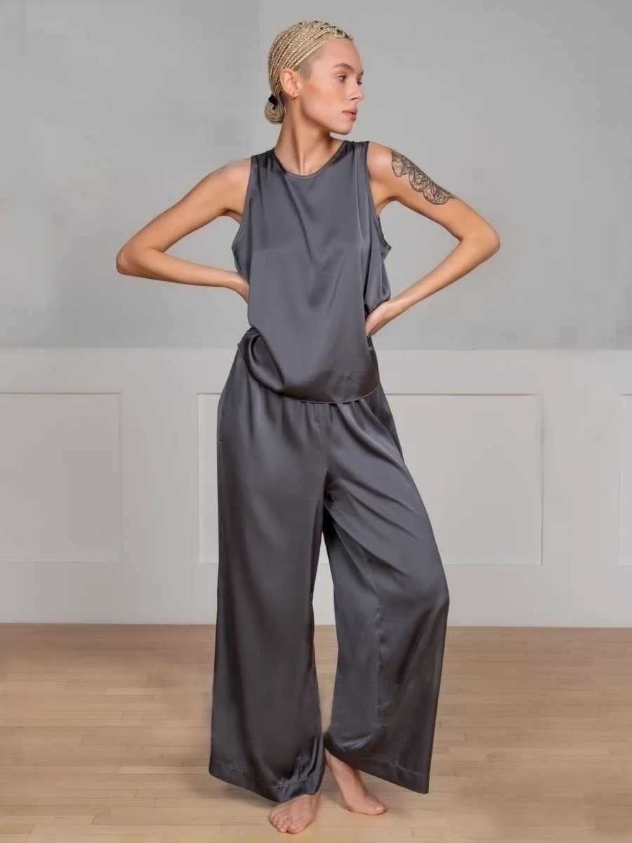 

Spring New Solid Satin Pajamas For Women Sleeveless O-neck Back Cross Tees+Pants Sets Casual Simple Sleepwear 2 Piece Set 2024