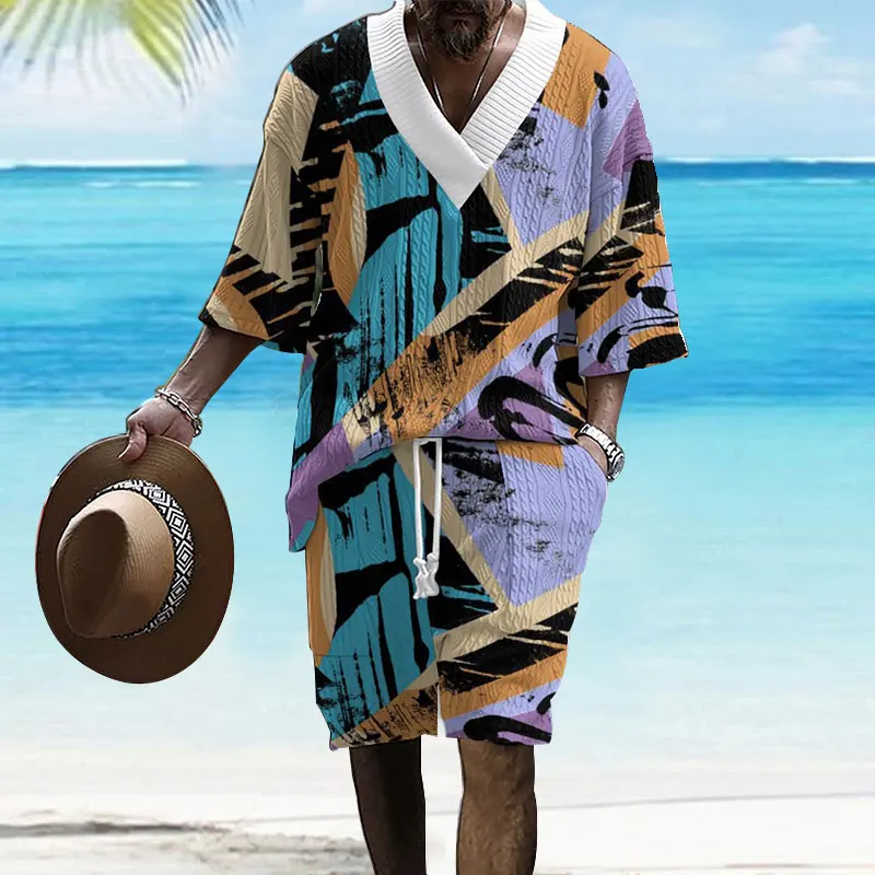 

2024 Summer New Men's Set Hawaiian Style Casual Loose Plus Size Men's Wear V-neck Half-sleeve T-shirt And Shorts Two-piece Set