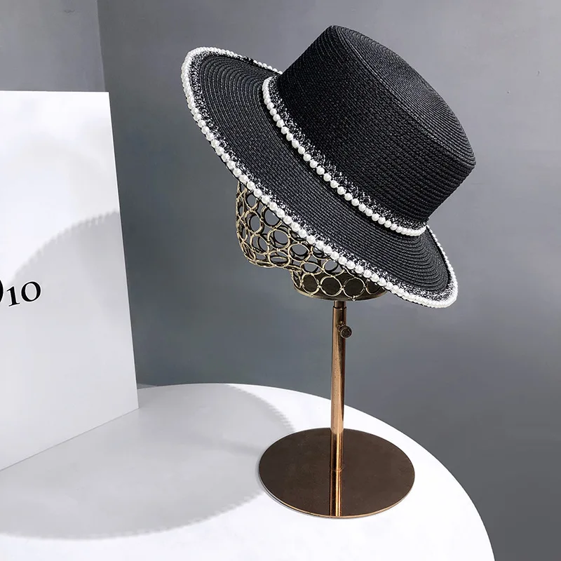 Summer  Big Brim Sun Hat Women's French Fisherman Cap Fashion Pearl Chain Flat Cap Sunshade Sunscreen Straw Hats