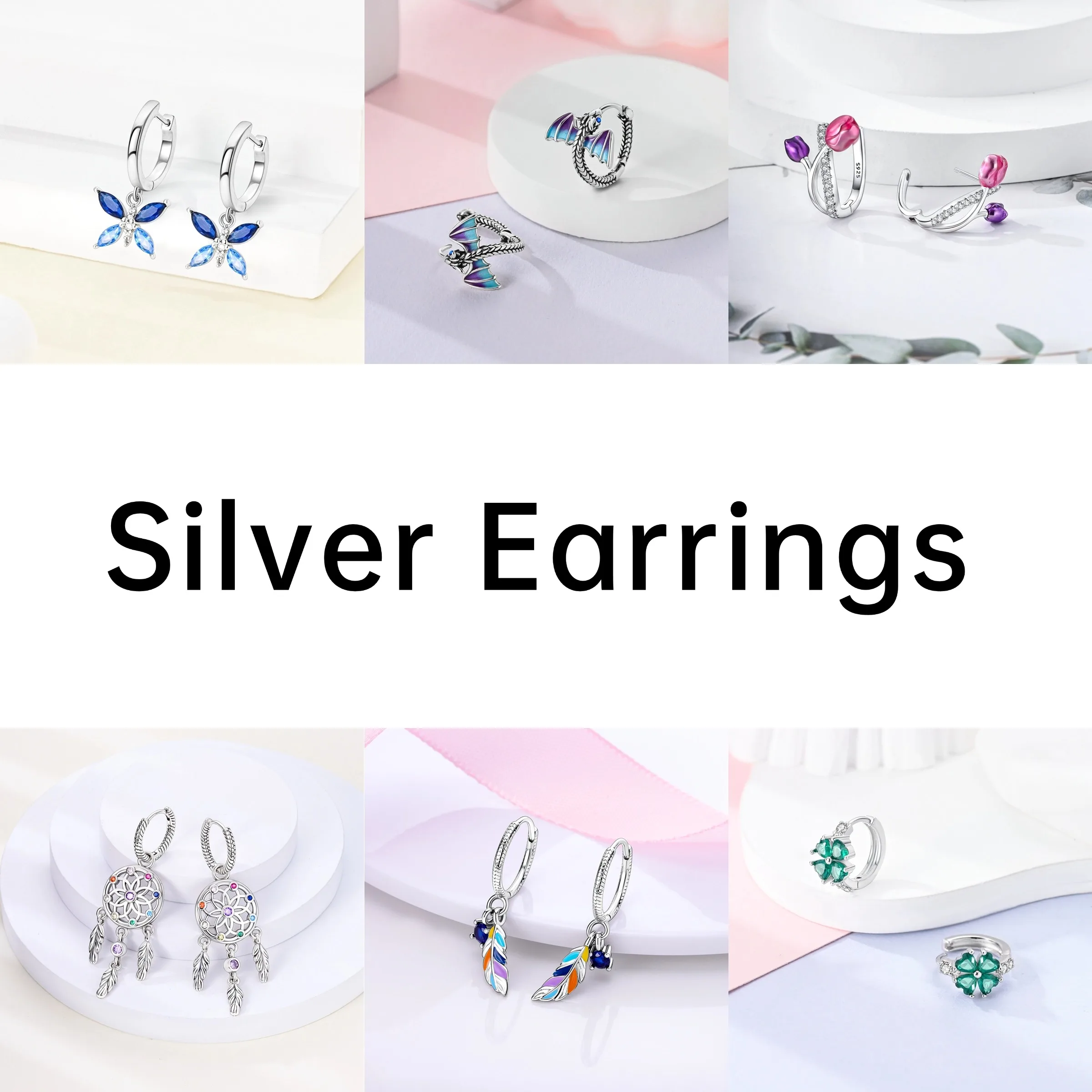 Silver Stud Earrings Womens Earrings PAMELA 925 Sterling Silver Butterfly Zircon Earrings Rose Flower Stud Heart Print Animal Earrings Fashion For Women Gift Jewelry