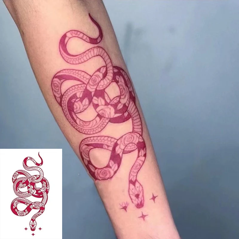 Big Size Red Snake Tattoos Waterproof Temporary Tattoo Stickers for Women Men Body Art Waist Decals Sleeve Fake Tatto | Красота и