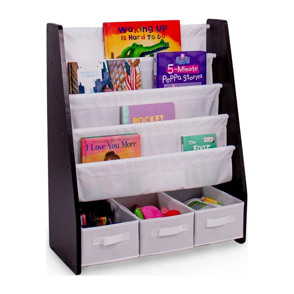 kids-bookshelf-4-tier-book-storage-and-fabric-bin-organizer-espresso