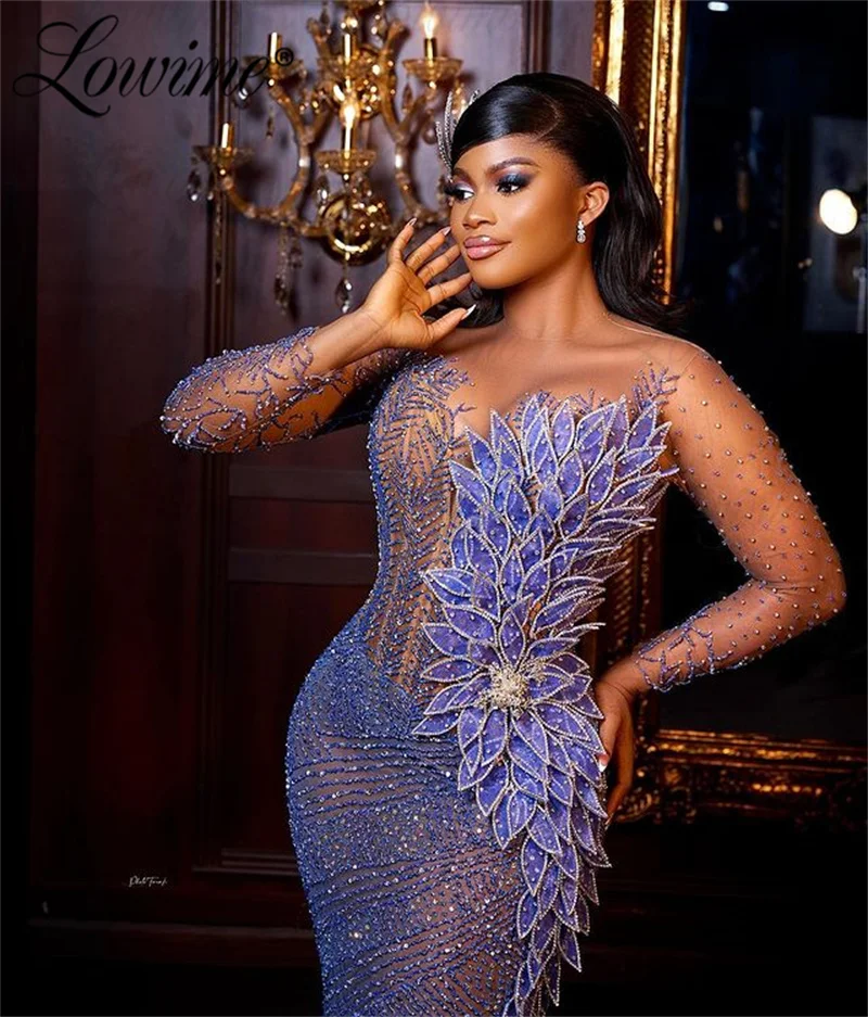Glitter Illusion Mermaid Prom Dresses Customize African Party Dress Elegant 3D Leaf Design Long Sleeves Women Evening Gowns