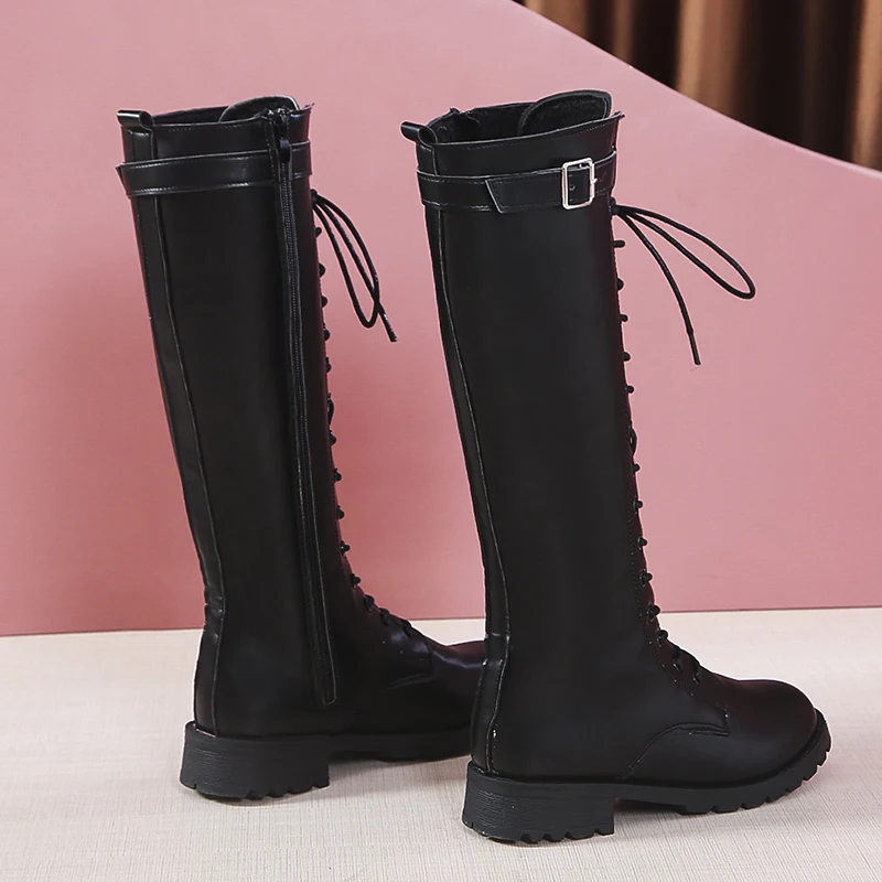 Plus Size Autumn Winter Knee High Boots for Women Fashion Buckle High Tube PU Leather Boots Woman Zipper Low Heels Long Botas Mujer women knee boots