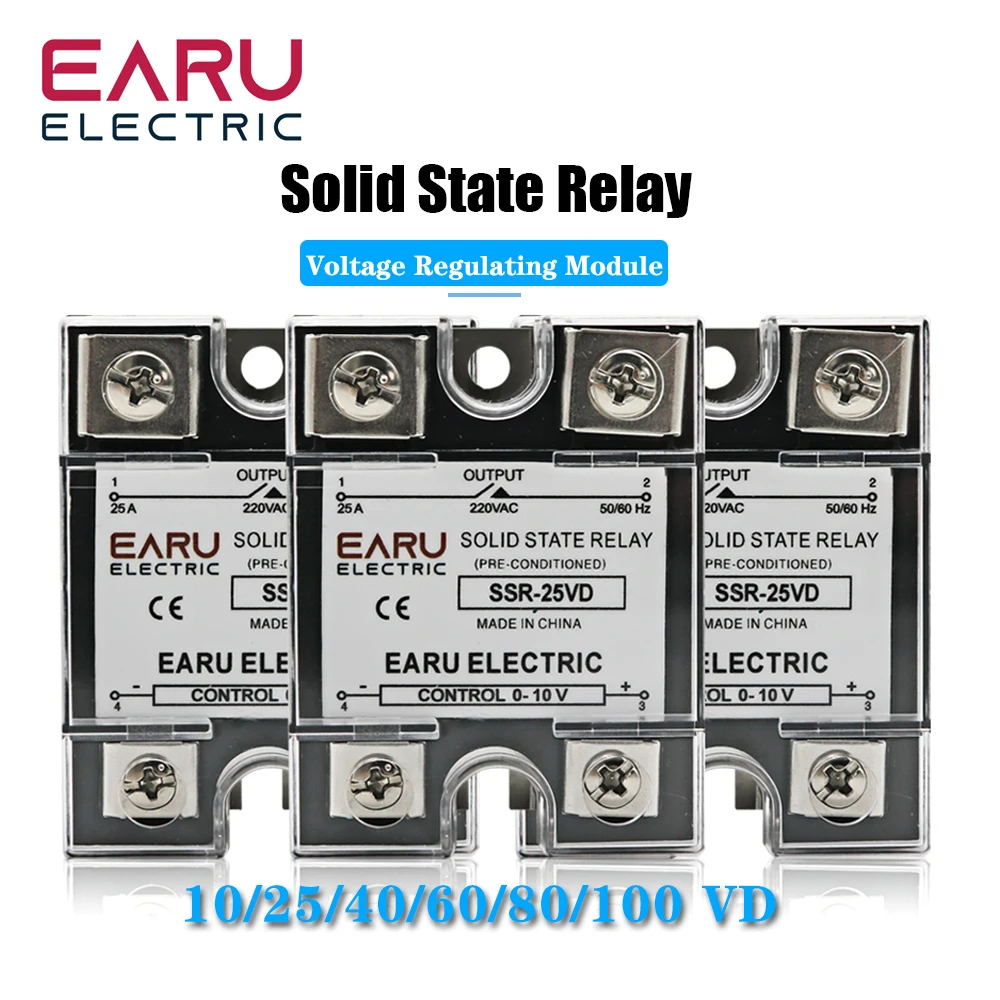 

SSR-10VD SSR-40VD SSR 25A 80A 100A Single Phase Solid State Relay Voltage Regulator Module Input 0-10V Output 220VAC Radiator