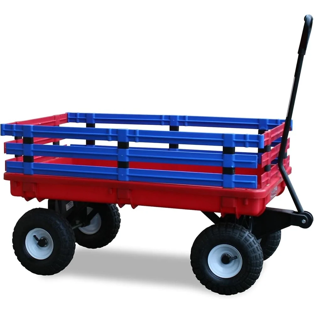 Plastic Garden Wagon with Removable Side Racks Pneumatic Tires Heavy Duty Hauling Capacity Outdoor Use Kids and Gardening