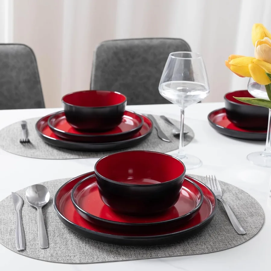 12-piece Dinnerware Sets for 4-Dinner Plates Dessert Plates Cereal Bowls Lightweight Melamine and Bowls Sets RV Kitche