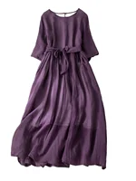 Summer Lightweight Cotton Lin ort Sve Dr Women Loose Waist A-Line Long Dr Retro Sle Belted Splice Loose Waist