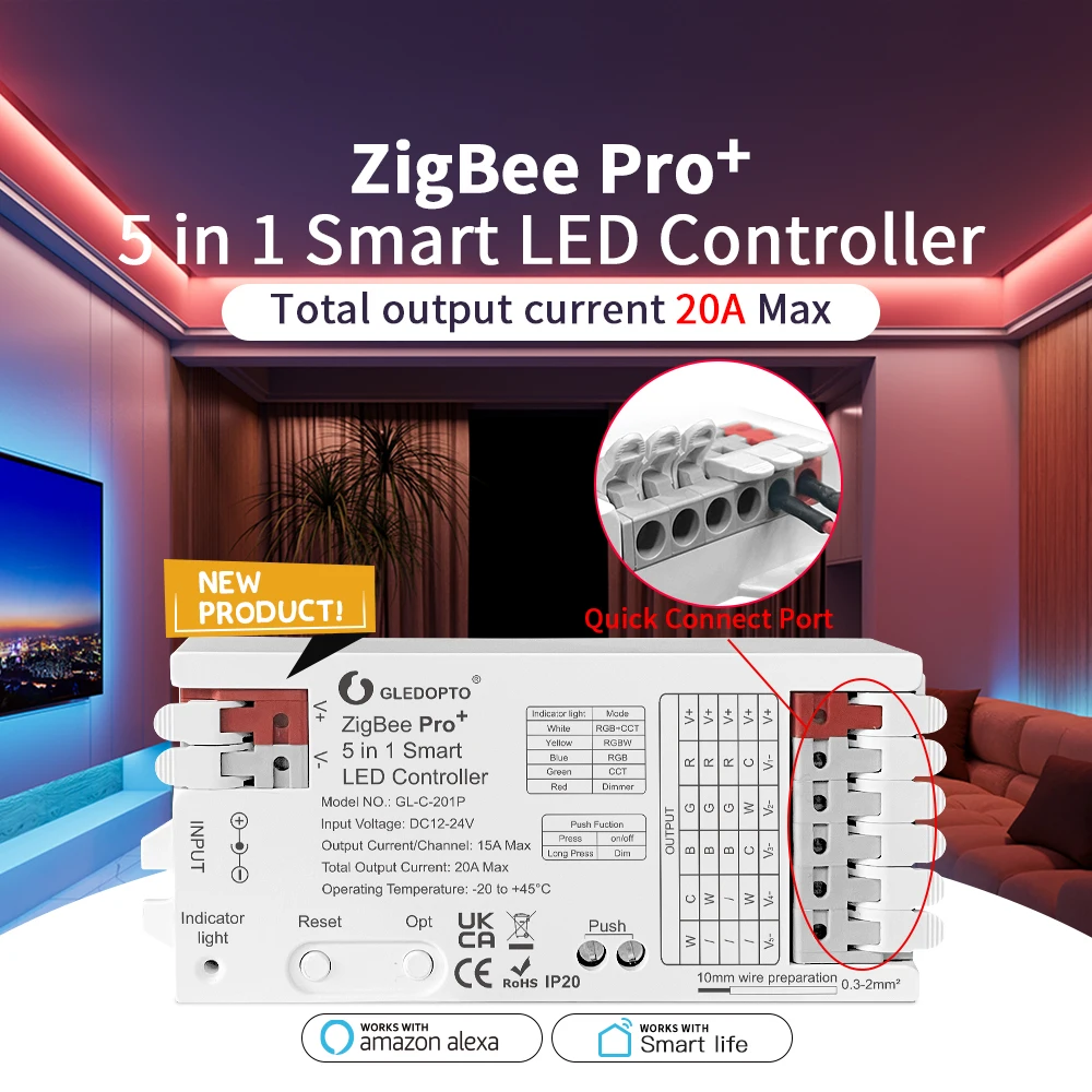 GLEDOPTO ZigBee 3.0 Pro+ 3 en 1 RGBCCT/RGBW/RGB LED Strip Light Controller Contrôleur De Rubans 20A Max H*ue Alexa Homey Tuya Sm