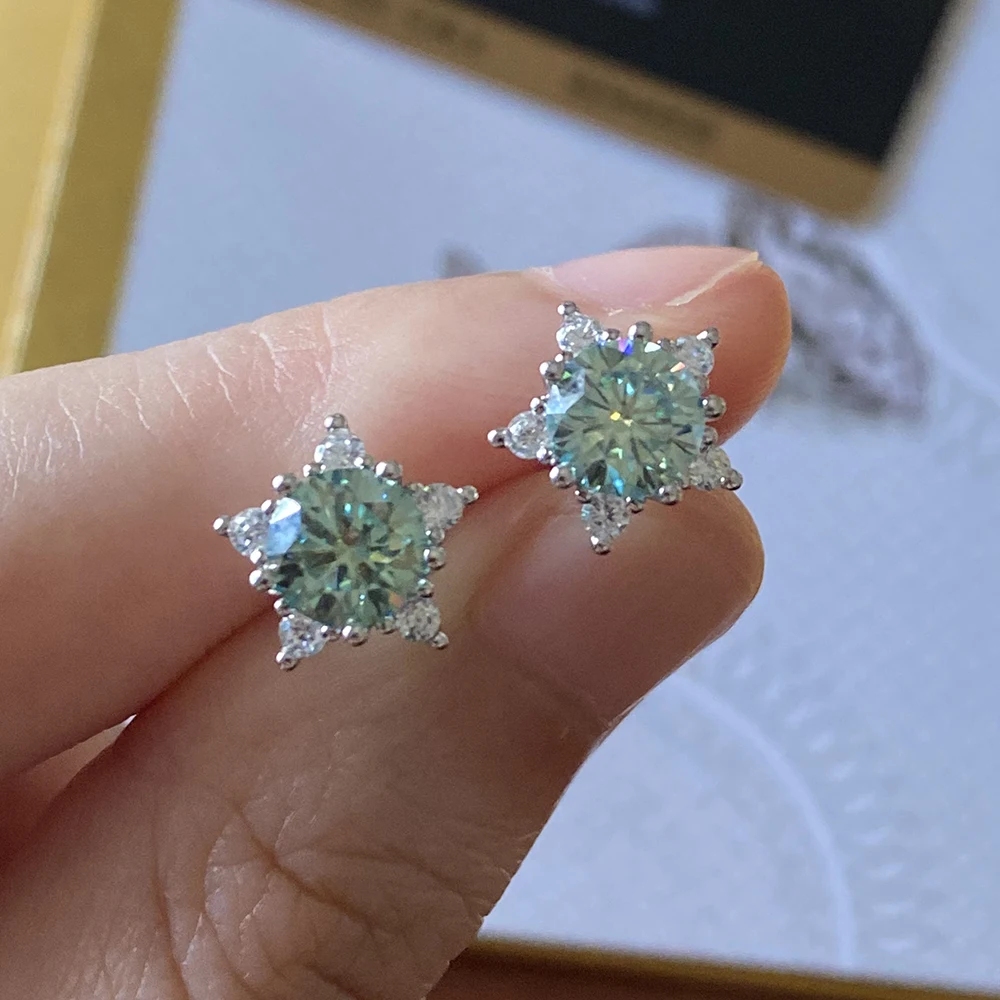 PANSYSEN 진짜 2 캐럿 블루 그린 Moissanite 스터드 귀걸이 여성을위한 최고 품질 100% 스파클링 결혼 선물